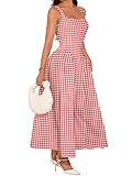 ChiaoLezhee Plaid Maxi Dress A Line Drop Waist Wedding Guest Tea Party Pastel Gingham Square Neck Flowy Semi Formal Picnic Dresses for Women Bridesmaid Checkered Corset Summer Spring Red Large