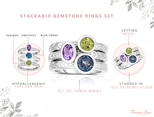 Femme Luxe Amara Stackable Gemstone Rings Set - Natural Peridot, Amethyst and Blue Topaz, 925 Sterling Silver, Hypoallergenic, Gift for Women, Multiple Sizes3