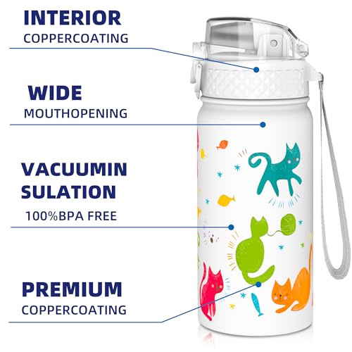 GOPPUS 420ml/14oz Kids Insulated Water Bottle with Straw Cute Double Wall Stainless Steel Child's Small Flask Vacuum Insulated Steel Metal Leak Proof Drink Flask Boys Toddler Girls Bottles BPA-Free - Image 4
