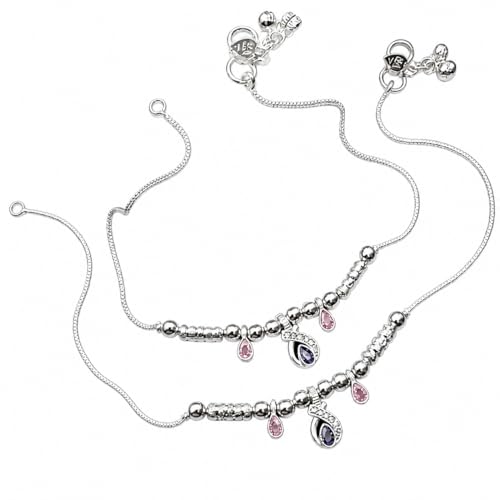 Image of Silver Polish Designer Payal for Women & Girls | Stylish Anklet with Beads & Stone Charms | Lightweight Daily Wear Anklet | Traditional & Modern Jewelry Gift