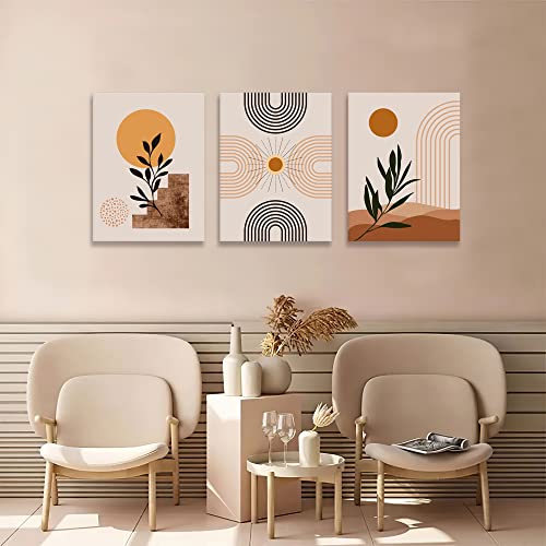 Boho Minimalism Subtropical Plants Sun Moon Beige Art Illustration Wall Art Framed Set Of 3, Mid Century Modern Decor For Living Room, Bedroom, Bathroom, Office 12"X16"X3 #TOP4