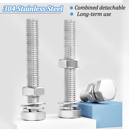Image of 8 Sets 5 /16-18 x 2-1 /2 inch Stainless Steel Hex Head Screws Bolts, Flat, Nuts & Lock Washers,Hex Bolts 18-8(304) Full Thread