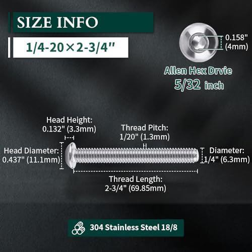 Image of 1 /4-20 x 2-3 /4 inch Button Head Socket Cap Bolts Screws, 304 Stainless Steel 18-8, Allen Hex Drive, Bright Finish, Fully Machine Thread, Pack of 20