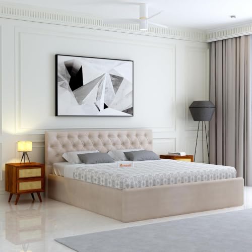 Image of Ganpati Arts Solid Sheesham Wood King Size Bed with Box Storage & Upholstered Tufted Headboard | Wooden Double Bed Cot Palang for Bedroom, Home & Hotel Furniture (Beige, 1 Year Warranty)