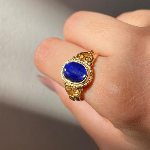 Image of Lapis Lazuli Gold Polish Ring, Lapis Lazuli Yellow Gold Plated Ring, Blue Lapis Lazuli Anti Tarnish Polish Ring, Anti Tarnish Plating Ring, Oval Cabochon Rose Gold Plating Ring -9us
