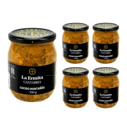LA ERMITA Cocido Montañés Tradicional, Receta Cántabra con Alubias, Berza y Compango, Sin Gluten ni Alérgenos, Tarro de Vidrio 550 g (Pack 4 unidades)