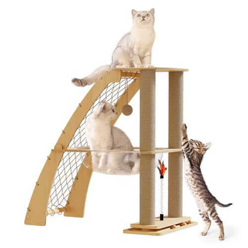 Wood Cat Tree Tower for Indoor Cats with Scratching Posts, Modern Cat Tree Cat Condo, Hammock, and Climbing Web Cat Track Toy with Spinning Balls, 15.7in Full Sisal Scratching Posts