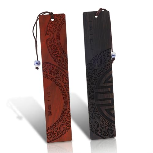 2 Pcs Vintage Wood Bookmark for Men Hand-Carved Wooden Bookmarks with Traditional Patterns 1.18 x 6.3 Inch Natural Wood Book Marks for Readers & Book Lovers (Black & Wooden)