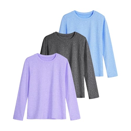 Auranso Girls Long Sleeve Shirts 3 Pack Dry-Fit Athletic Tops Active Shirts for Girls