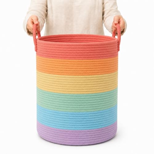 Image of OrganiHaus Rainbow Laundry Basket & Hamper, Nursery Playroom 52L | Rainbow - Rainbow Cotton Rope Hamper, Nursery 52L