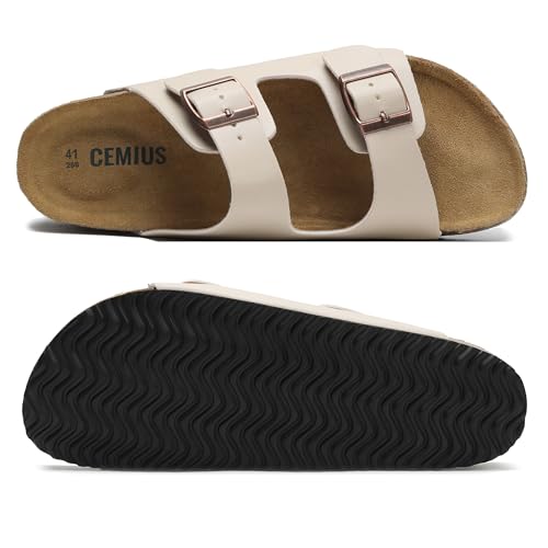 Image of Genuine Leather Cork Footbed Sandals with Arch Support Women Men's Flat Slip Slippers with Adjustable Double Buckle Beach Sandal Memory Foam Slides Open Toe Slipper for Summer Vacation