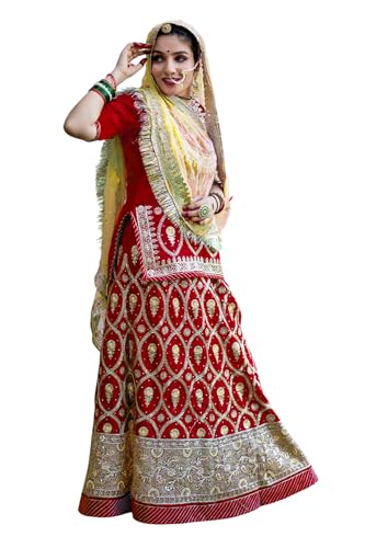 Image of Heavy Embroidery Work Semi Stitched Shimmer Silk Rajputi Poshak For Women Rajasthani Lehenga Choli