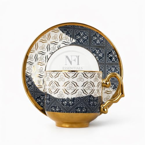 Image of NFI essentials Ceramic Cup & Saucer Set of 6 Pcs, Tea /Coffee Cup, Microwave & Dishwasher Safe, Premium Mug Perfect for Daily Use, Office, Gifting Elegant Golden Color Design 200ML