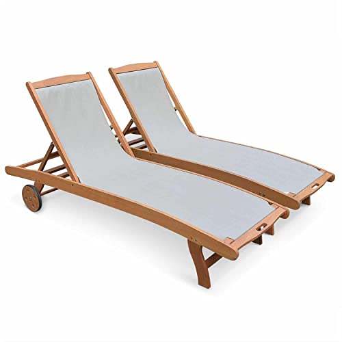 Alice's Garden - Bains de Soleil en Bois - Marbella Gris Taupe - 2 transats en Bois d'Eucalyptus huilé et textilène Gris Taupe