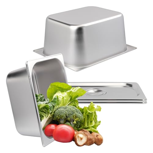 Biugaaufai 2 Pack 1/2 Size Stainless Steel Steam Hotel Pan with Lid, 6 Inch Deep Anti-Jamming Steam Table Pan, Professional Grade, Hotel Steam Pans for Catering, Restaurant, Home Kitchen & Dining