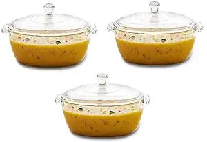 ZEPOLI - Glass Casserole Deep Round - Oven and Microwave Safe Serving Bowl with Glass Lid 1000 ML (Pack of 3)
