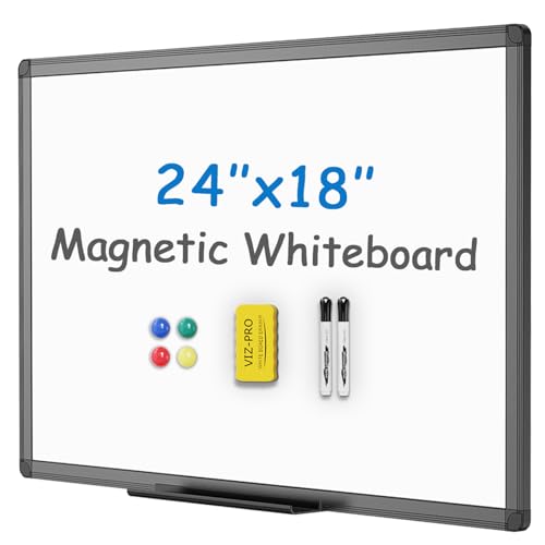 Image of VIZ-PRO Magnetic Whiteboard /Dry Erase Board with Black Aluminium Frame, 24 X 18 Inches, Includes 1 Eraser & 2 Markers & 4 Magnets
