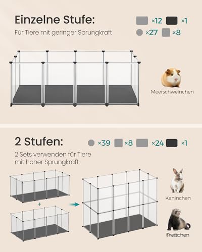 SONGMICS Kleintiergehege mit Bodenplatten, Laufstall mit Abnehmbarer und wasserfester Unterlage, Gehege für Hamster, Kaninchen, Meerschweinchen, 125 x 63 x 42 cm, weiß LPC009W01
