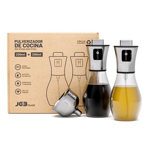 JGB TRADE 2 unidades pulverizador aceite spray de 200ml - Spray aceite cocina de cristal y acero inoxidable 304 con dosificador aceite, vinagre, soja o salsas - Incluye embudo