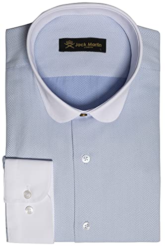 Jack Martin - Camisa ajustada en espina de pescado azul oscuro con cuello de palo/penny - Camisas para hombre de los años 20, camisas de boda y negocios, azul, L Cover