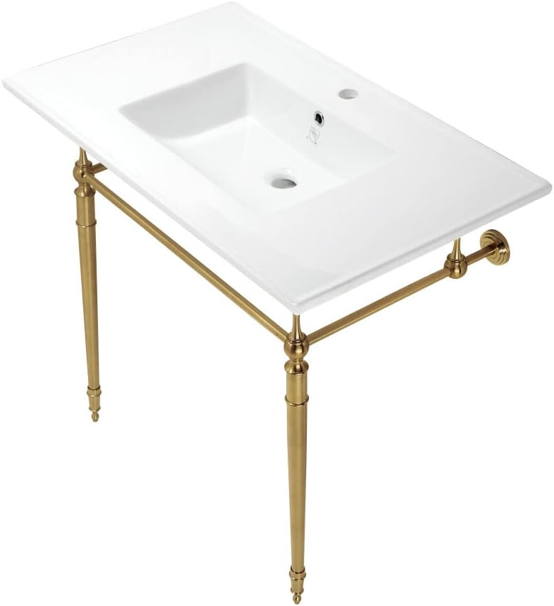 Kingston Brass KVPB372271BB Edwardian 37-Inch Console Sink with Brass Legs (Single Faucet Hole), White/Brushed Brass