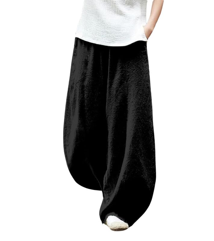 ZOCAVIA Japanese Style Lantern Pants for Women Summer Baggy Boho Floral Wide Leg Pants Elastic Hippie Trouser with Pockets