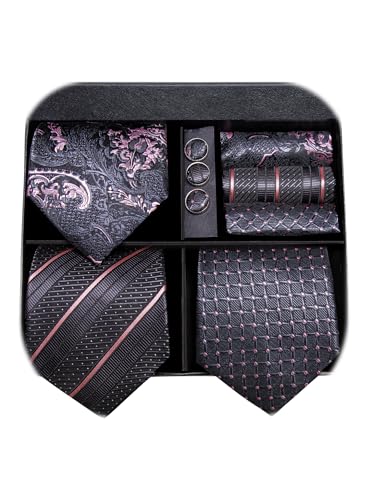 Image of Hi-Tie 3 Pcs Gift Box Mens Tie Set Necktie with Pocket Square Cufflinks Lapel Pin Silk Neck Tie Collection