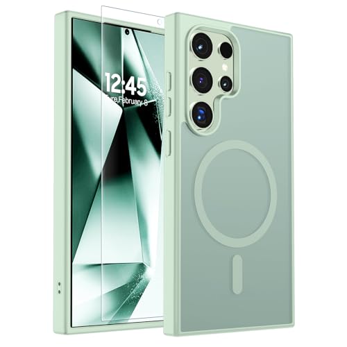 Image of SUPFINE Magnetic for Samsung Galaxy S24 Ultra Case with Screen Protector, (Built-in Magnets) (Military Grade Drop Protection) Slim Translucent Shockproof Phone Case,Light Green