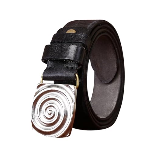 Retro Snap Belts with Engraved Unique Spiral Shapes Silver Buckle - Washed Top Grain Leather Strap for Every Occasion(130cm/51, Black)
