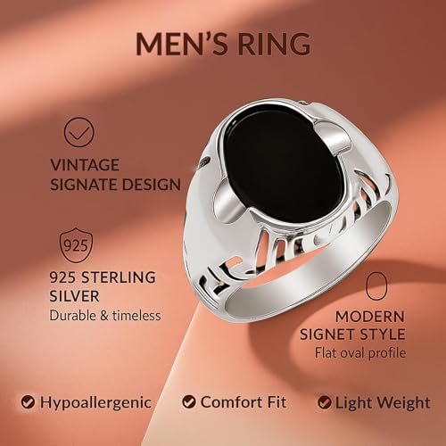Image of TRUESILVER ACPL 925 Sterling Silver Black Onyx Signet Ring for Men | BIS Hallmarked Handmade Vintage Gemstone Ring | Antique Statement Jewelry Gift for Men