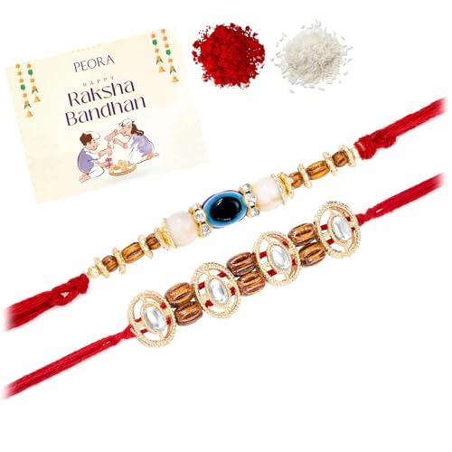 Image of Peora Evil Eye & Crystals Studded Rakhi for Brother Bhaiya | Red Thread | Raksha Bandhan Hamper with Roli Chawal Greeting Card