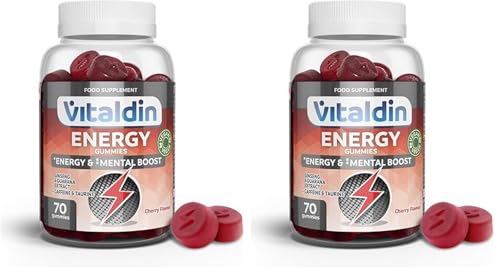VITALDIN Energy Gummies – 70 Gominolas Energéticas con Ginseng, Guaraná, Cafeína & Taurina – Mejora la Concentración, Favorece el Rendimiento Físico y Mental – Sabor Cereza – Vegano (Paquete de 2)