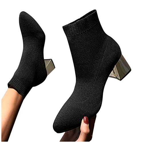 Chunky Heels Ankle Booties Fashion Women's Shoes Knitting Breathable Solid Pointed Toe Chunky High Heels Thigh Boots Chelsea Pump Ankle Boots Black