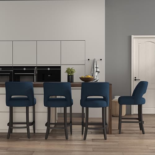 Image of VKNOW Bar Stools Set of 2, 26 inch Upholstered Counter Height Bar Stools | Modern Counter Stools with Black Rubberwood Legs for Kitchen Island Dining Room Bar, Blue-Black Legs