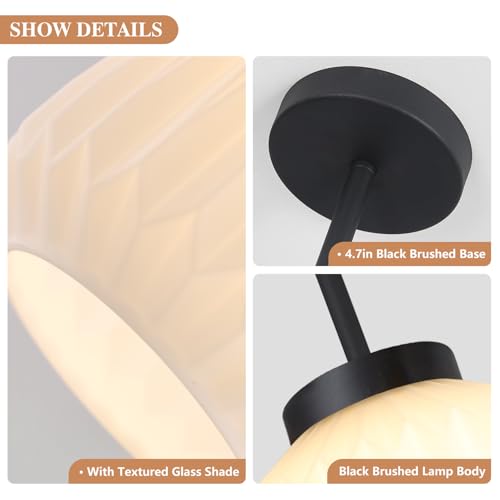 Image of Mid Century Semi Flush Mount Ceiling Lamp - Retro Striation Glass - Vintage Black Close to Ceiling Light for Hallway Passway