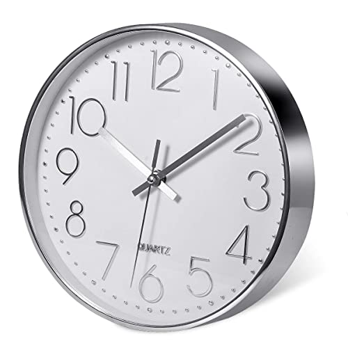 Delgeo Modern Silent Wall Clock 25-30cm, Minimalist Silver Clock for Living Room & Kitchen,Premium Wall Decor for Home Office