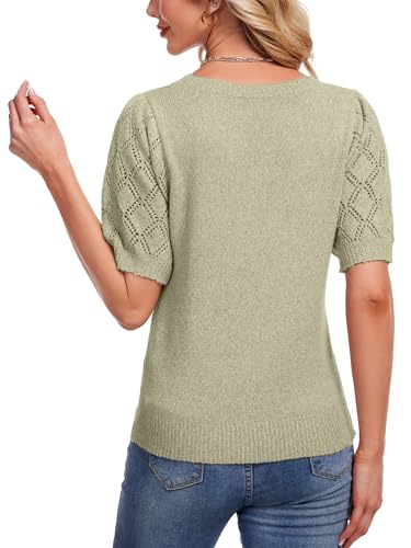Image of Green Short Sleeve Sweaters for Women Puff Sleeve Sweater Tops Dressy Casual for Spring Summer M