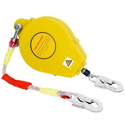 BOVDC Dispositif Antichute a Rappel Automatique, 3-20 Mètres Harnais de Securite Anti Chute Toiture avec Crochet Autobloquant, Ligne de Vie Auto-Rétractable Travaux en Hauteur(Jaune,10 mètres)