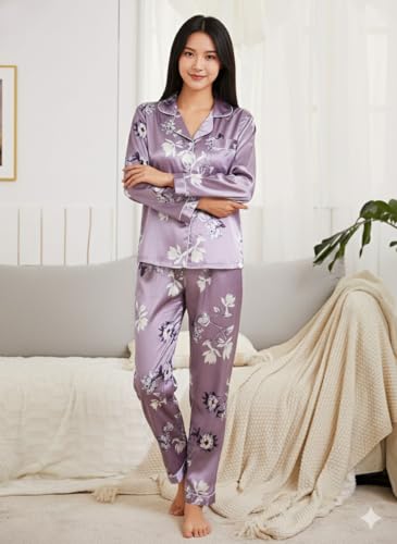 Image of Night Suit for Women with Full Sleeve Button-Down Top with Pant Dress for Woman, Night Dress for Woman, Lycra Two-Piece Loungewear Set