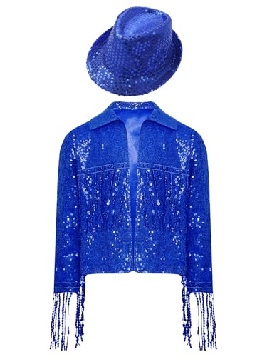 Aislor Kids Girls Disco Dance Theme Concert Rave Festival Outfits Sequins Fringe Long Sleeve Jacket Coat with Hat Set3