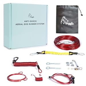 Runner for Yard, Anti-Shock Trolley System 50/75/100/150/200FT, Heavy-Duty Aerial Run Cable With Bungee for Small to Large Dogs up to 300lbs, Outside Zip Line for Backyard, Camping, Park