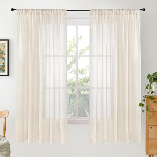 Image of BGment Beige Linen Curtains 63 Inch Length for Living Room - Cream Semi Sheer Drapes Rod Pocket Rustic Natural for Bedroom Country Decorative Light Filtering, 2 Panels, Each Panel 52 Inch Wide