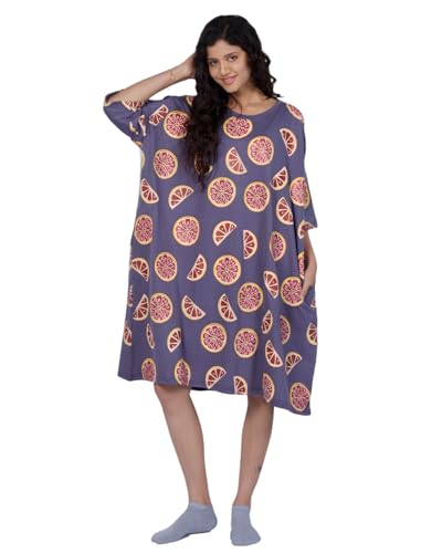 Image of LAMA STORE Women's Printed Oversized T-Shirt Dress, Cotton, 3 /4 Sleeve Length, Casual Loose Fit, Comfort Wear Extra Comfy Oversized Printed Pocket T-Shirt Dress