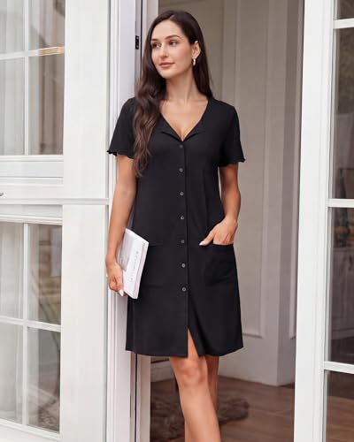 Image of ZOOSIXX Nightgowns for Women - Short Sleeve Sleepwear Button Up Pajamas for Women V-Neck Sleepwear Dress with Pockets