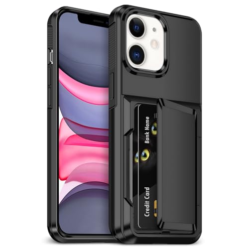 Aolcev for iPhone 11 Case with Card Holder [Max 4 Cards] Heavy Duty Protective Shockproof Cases Dual Layer Hard PC Soft TPU Bumper Hidden Card Slot Wallet Case Cover for iPhone 11 Phone Case-Black