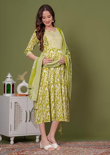 Image of SKY FAB Women Viscose Rayon Maternity and Feeding Dress Kurta with Dupatta with Zipper