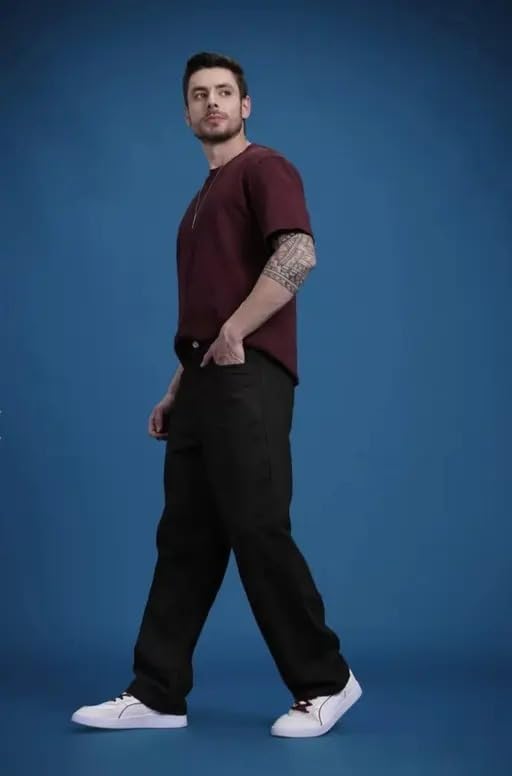Image of Men Relaxed Fit Denim Jeans | Four Pocket Straight Leg Denim Trousers | Casual Wear Durable Denim Bottoms | Stylish Daily Outfit for Men