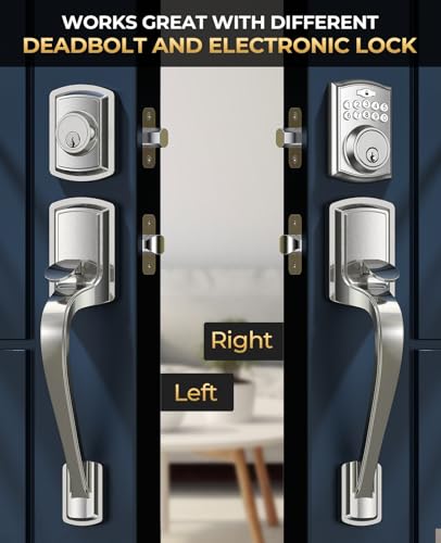 Image of Nickel Front Door Handle No Lock, Heavy Duty Front Door Lock Set | Brushed Exterior Door Handle No Lock for Every Deadbolt, Zinc Exterior Door Lock, Entry Handleset, Easy Install, Universal