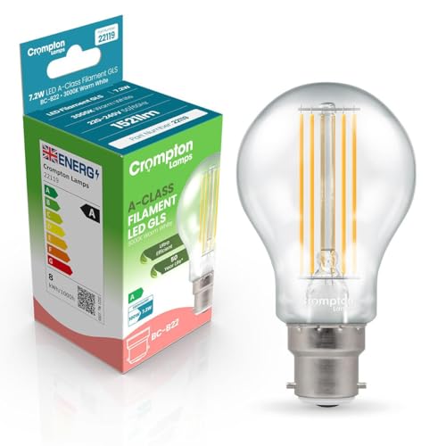 Crompton Lamps LED Ultra-Efficient GLS 7.2W BC-B22d A-Class (100W Equivalent) 3000K Warm White Clear 1521lm BC Bayonet B22 Energy Efficient Filament A-Rated Light Bulb