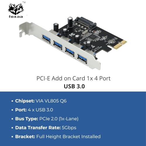 Image of PCI Express 4-Port USB 3.0 Expansion Card - Based on VIA VL805 Chipset | PCIe Adapter with SATA Power for Desktop PC | Supports Windows /Linux